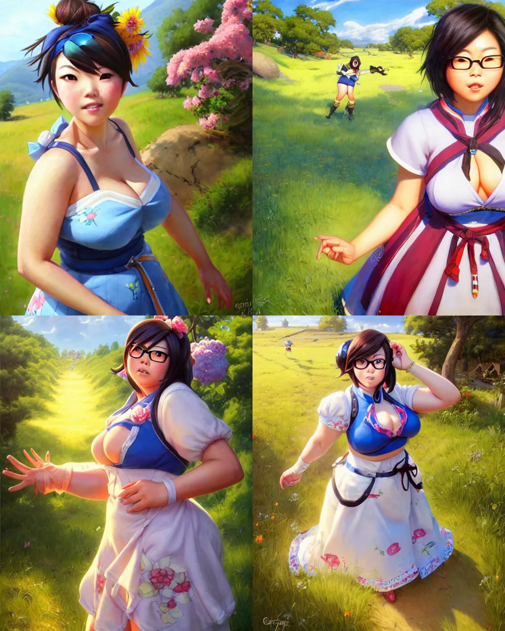 Prompt: portrait, mei from overwatch wearing a beautiful summer dress in the countryside, by greg staples and jeff easley, chubby, beautiful scene, hyper - realistic, intricate, summer day, sunlight, cheerful, soft lighting, detailed