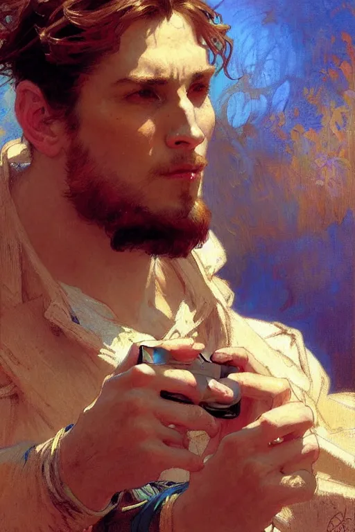 Image similar to attractive man taking a selfie, cool colors, painting by gaston bussiere, craig mullins, greg rutkowski, alphonse mucha