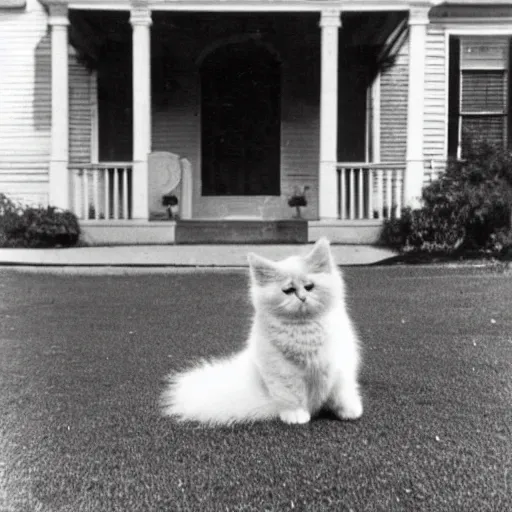 Prompt: a fluffy cat sitting on the corner of a front yard on a residential street in the 1930s