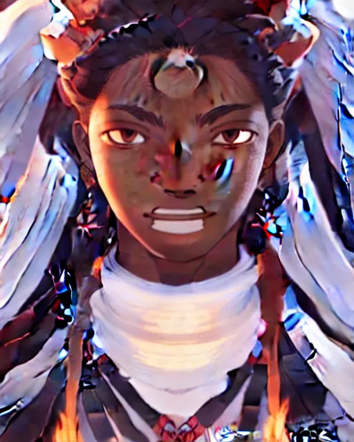 Image similar to azctec warrior, ( coco jones ), detailed perfect face, exquisite details, fire magic, mid view, design on a white background, by studio muti, greg rutkowski makoto shinkai takashi takeuchi studio ghibli