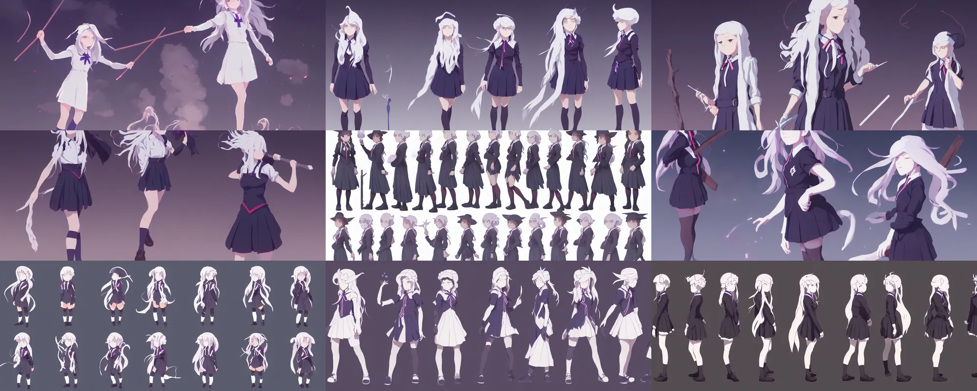 Image similar to visual novel sprites of female student witch by greg rutkowski, witch academia, magic school uniform, glowing white iridescent hair color, by studio ghibli, digital art, trending on artstation, hd, 8 k, highly detailed, good lighting, beautiful, masterpiece