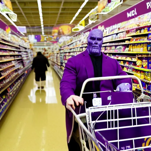 Image similar to thanos grumpily waiting in line at walmart grocery store, holding a baguette, photograph, 16mm f/1.4, 4k