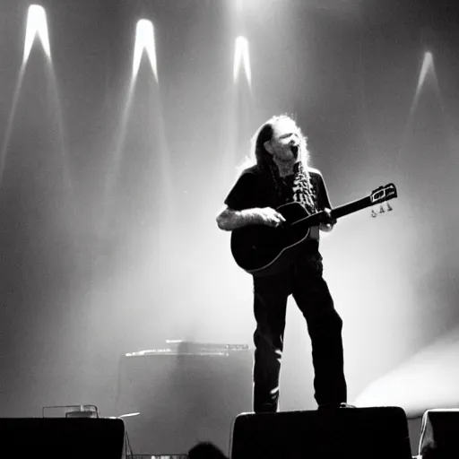 Prompt: willie nelson on stage, four fingers holding a guitar. god rays through fog.