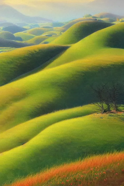 Image similar to Gorgeous rolling green hills in Japan, very detailed, focused, oil painting, colorful, canvas, artstation, Antoine Pierre Mongin