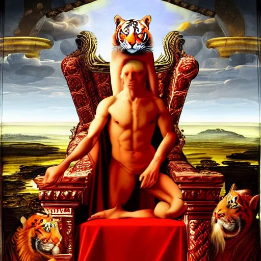 Image similar to a red tiger as the king of a kingdom sitting on his throne, digital art, renaissance painting, fantasy art, ultra detailed, as coherent as Dall-E 2