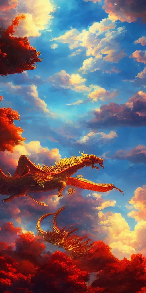 Prompt: golden paper + an intricate dragon hide in the clouds depiction + elaborate red illustration by makoto shinkai, wu daozi, very detailed, deviantart, 8 k vertical wallpaper, tropical, colorful, airy, anime illustration, anime nature wallpap