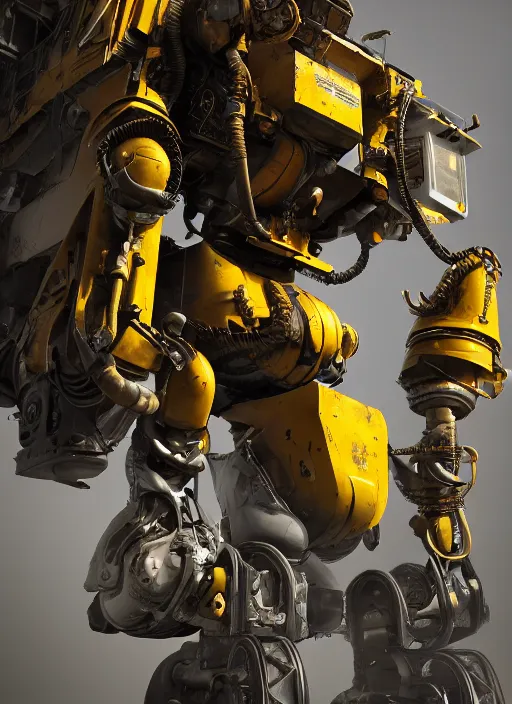 Image similar to a photorealistic dramatic hyperrealistic render of a futuristic exosuit power excavator heavy machinery, ultra realistic details, glossy yellow, well worn, rust, oil stains by vitaly bulgarov and mike nash, beautiful dramatic dark moody tones and lighting, cinematic atmosphere, studio lighting, global illumination, shadows, dark background, octane render, 8 k