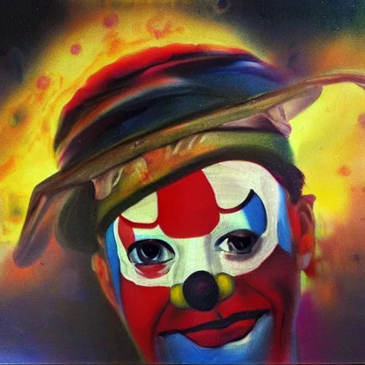 Prompt: space station 13, a clown on a space station, classical oil painting, powerful imagery, chaotic