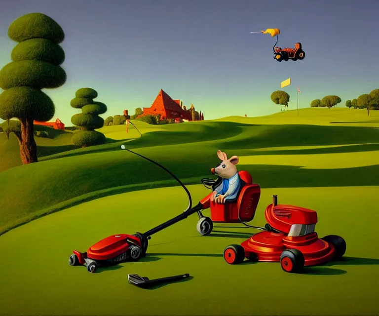 Image similar to hyper detailed 3d render like a Oil painting - a cartoon mouse riding a lawnmower across a golf course at dawn, by Jacek Yerka, Mariusz Lewandowski, Houdini algorithmic generative render, Abstract brush strokes, Masterpiece, Edward Hopper and James Gilleard, Zdzislaw Beksinski, Mark Ryden, Wolfgang Lettl, hints of Yayoi Kasuma, octane render, 8k