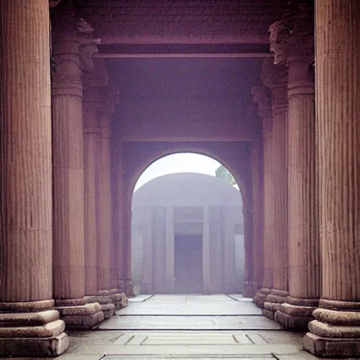 Prompt: Temple of knowledge, foggy entrance, mysterious architecture