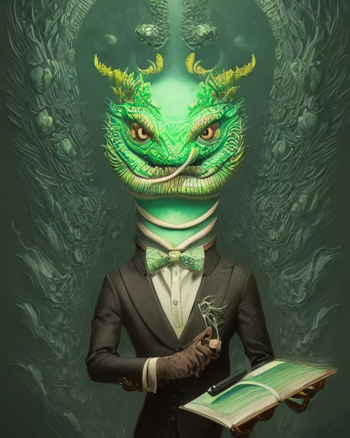 Image similar to anthropomorphic art of a businessman dragon, green dragon, portrait, victorian inspired clothing by artgerm, victo ngai, ryohei hase, artstation. fractal papers and books. highly detailed digital painting, smooth, global illumination, fantasy art by greg rutkowsky, karl spitzweg