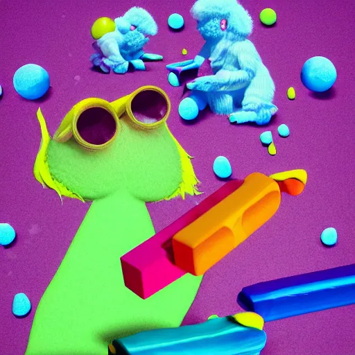 Prompt: misbehaving soft fuzzy monster eating crayons as they melt, in the style of billelis and james jean and pedro conti and stanley kubrick, inspired by die antwoord, kawaii colors, photorealistic, epic, super technical, 3 d render