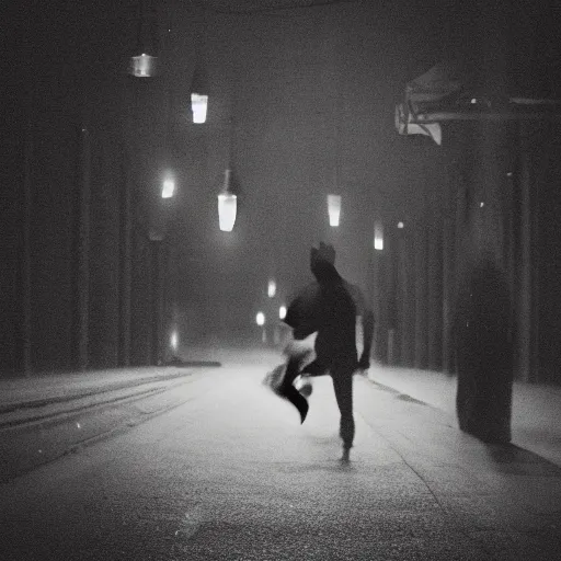 Prompt: an abstract photograph of a lonely male shadowy figure, there is a dark street with lanterns reflected on the ground, everything is underwater, motion blur, 35 mm, black-and-white