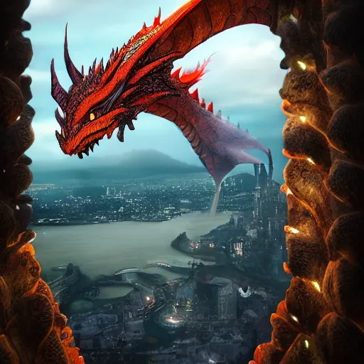 Image similar to photo of a fantasy dragon on top of a building, breathing fire to the city below, highly detailed, high quality, HD, 4k, 8k, Canon 300mm, professional photographer, 40mp, lifelike, top-rated, award winning, realistic, sharp, no blur, edited, corrected, trending