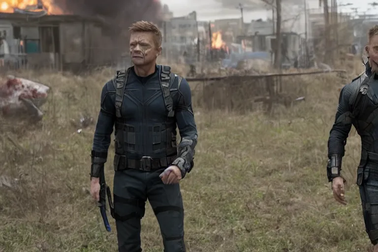 Prompt: film still of Hawkeye as a zombie in new avengers movie, 4k