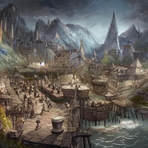 Image similar to sargard, a fantasy harbour city full of slaves and peasants, epic fantasy concept art illustration