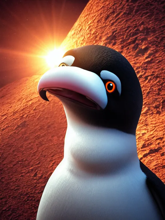Image similar to portrait art of Pingu on mars, 8k, ultra realistic , lens flare, atmosphere, glow, detailed, intricate, full of colour, cinematic lighting, trending on artstation, 4k, hyperrealistic, focused, extreme details, unreal engine 5, cinematic, masterpiece