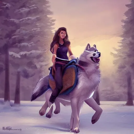 Image similar to girl riding a giant husky in the park, trending on artstation