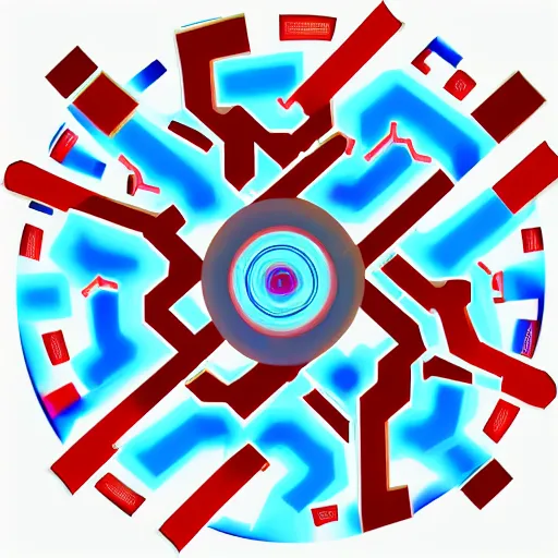 Prompt: a stylized image of the outline of features of a cpu with lines spreading out from the center, circuit board lines, transistors, capacitors, prominently blue image with light red accents, digital art, abstract, bright, contrast