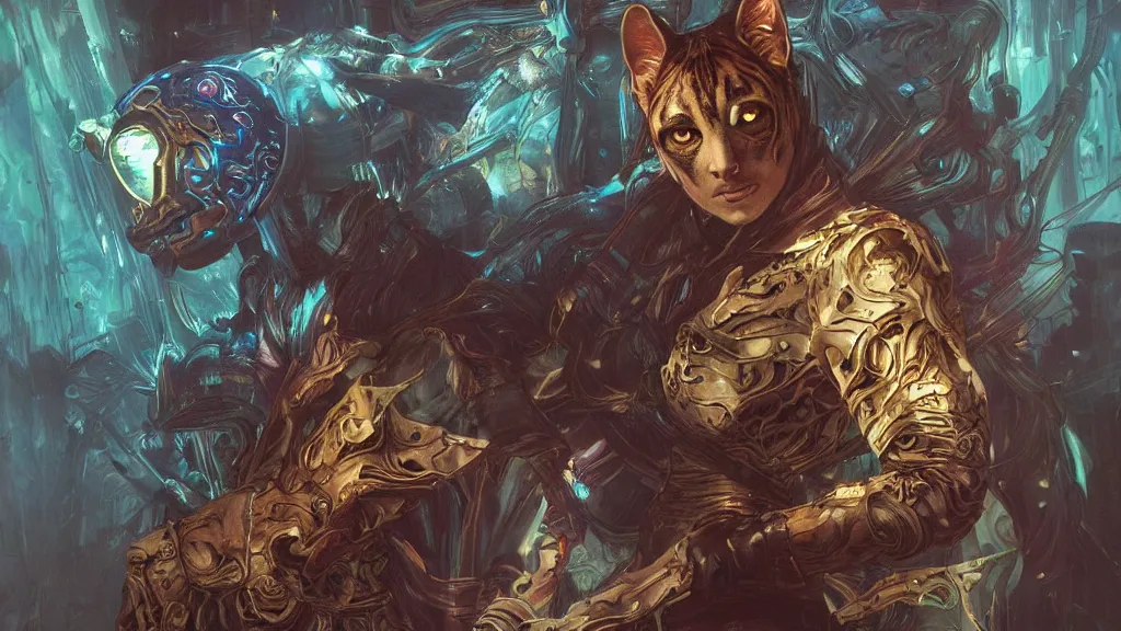 Image similar to a bengal cat with RGB LED body armor fighting a wraith inside a haunted house, dark fantasy, horror, highly detailed, digital painting, concept art, illustration, trending on artstation, art by Artgerm and Greg Rutkowski, Alphonse Mucha and Rossdraws