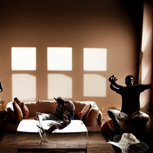 Prompt: gang members chilling around dirty couch in a beige room thick atmospheric dust god tays shines through the blinds jonathan zawada style photography