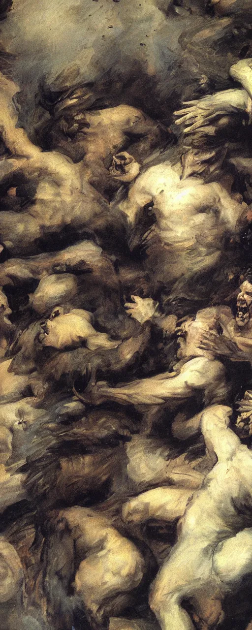 Prompt: a detail of a panting by francisco goya and ernst fuchs, war, fire, dark stone, explosions, angry faces fighting eachother, 8 k, trending on artstation.