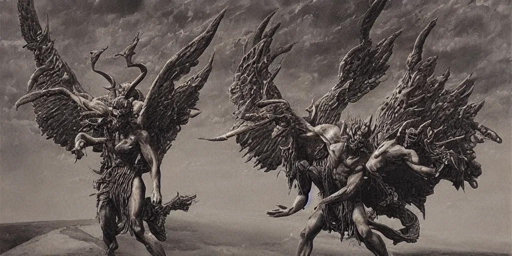 Prompt: satan fights against an archangel with large wings, beksinski, dariusz zawadzki