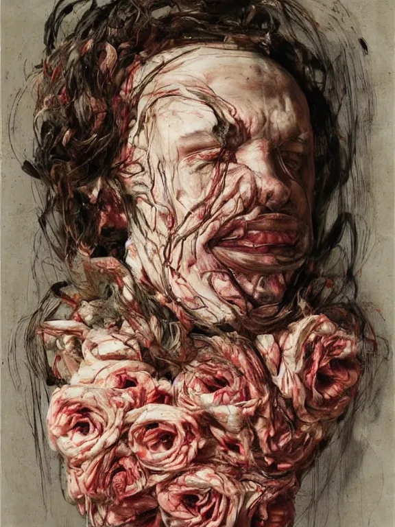 Prompt: twisted head, head made of roses, portrait by jenny saville