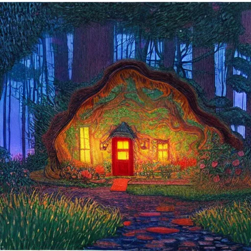 Prompt: mysterious detailed painting of a cozy woodland cottage in the woods at night, surrounded by giant glowing mushrooms, in the style of studio ghibli and moebius and claude monet and edward hopper and vincent van gogh