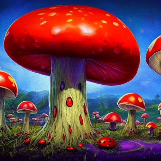 Image similar to 4 k headshot portrait of a psychedelic demonic anthropomorphic ladybug with mushroom themed clothes, magic mushroom village in background by jeff easley, award winning, stylized neon, post - processing, masterpiece, superb resolution. in the art style of junji ito and greg rutkowski. detailed mushroom city in background. hyper realistic anime. perfect art. dalle 2