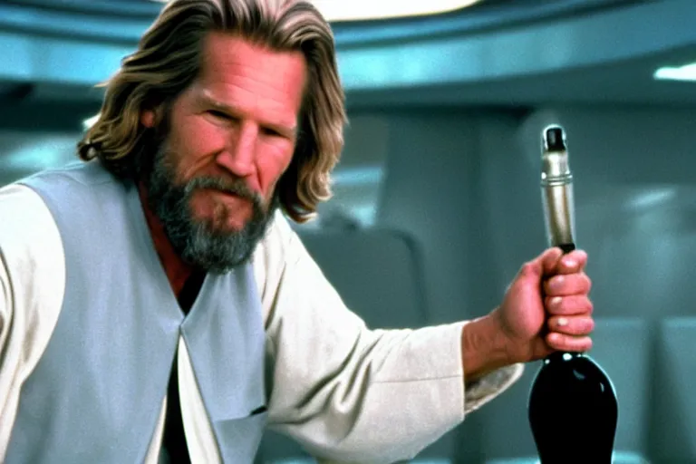 Image similar to A wide shot of Jeff Bridges from The Big Lebowski as a Jedi bowling in Star Wars