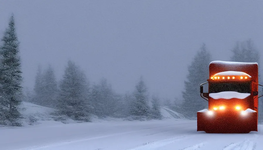 Image similar to A cozy Snowplow! stuck in the heavy snow of a beautiful snowy landscape. A blizzard and heavy snow falls. Fog and mist, highly detailed, concept art, digital art, 4k, high snow