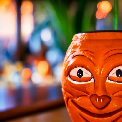 Image similar to a closeup photorealistic photograph of an orange cat garfield style tiki mug at a trader vic's bar with garfield's face on the front. tiki party. bright scene. fine detail. this 4 k hd image is trending on artstation, featured on behance, well - rendered, extra crisp, features intricate detail, epic composition and the style of unreal engine.