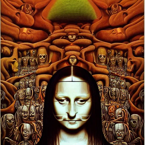 Image similar to monalisa by jacek yerka, alex gray, zdzisław beksiński, dariusz zawadzki, jeffrey smith and h.r. giger, oil on canvas, 8k highly professionally detailed, trending on artstation