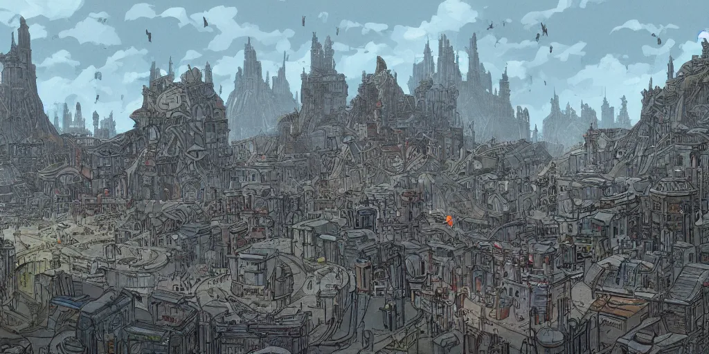 Prompt: Traction city from Mortal Engines. Illustration