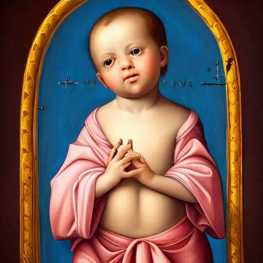 Prompt: Renaissance portrait of a holy catholic baby, trending on art station, 4k UHD, 8k, painting illustration, realistic lighting, high detail