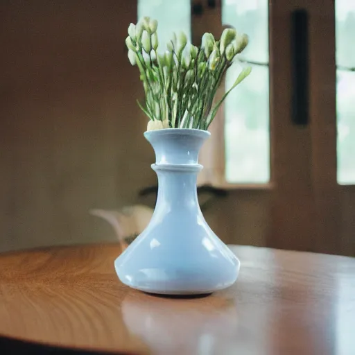 Prompt: far shot photo of a vase on a table, pentax k1000