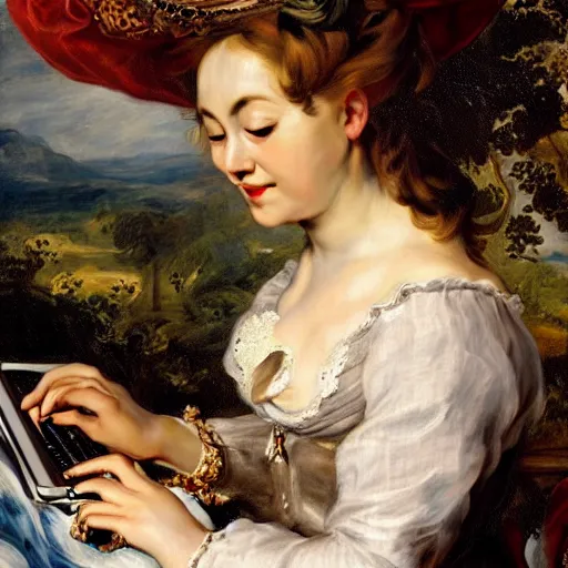 Image similar to heavenly summer sharp land sphere scallop well dressed lady working on her laptop auslese, by peter paul rubens and eugene delacroix and karol bak, hyperrealism, digital illustration, fauvist