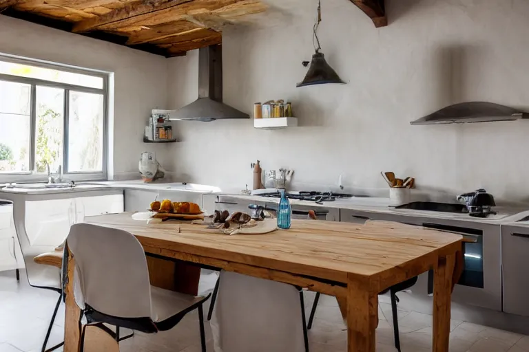 Image similar to Photography of modern Provence style kitchen with cat on the table, photorealism