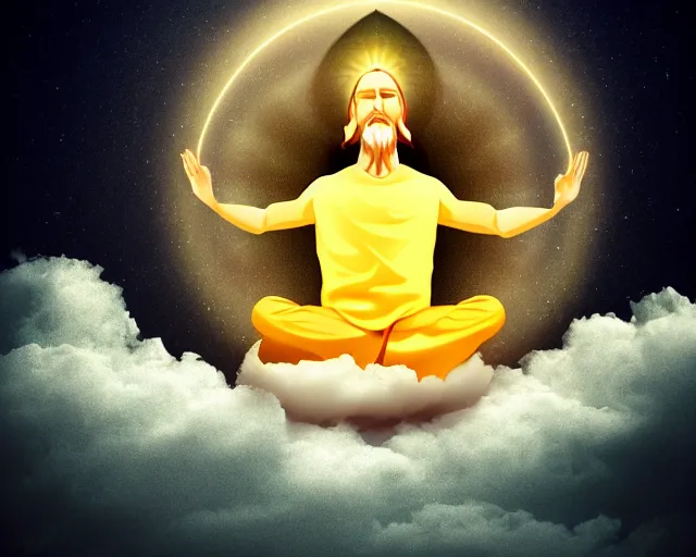 Prompt: god floating down from heaven. he is meditating. inspired by meditation