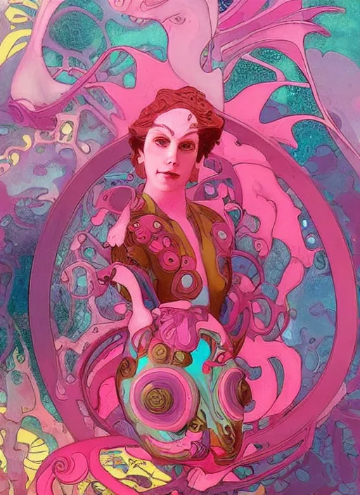 Image similar to mutant biomorphic biological biogeometric structure, hot pink and teal, cinematic graded palette. animal spirit guardian carousel painted jean - leon gerome, homer tanuka, james jean, mead schaeffer. trending on pinterest. influences from dean cornwell, greg tocchini, alphonse mucha, akira