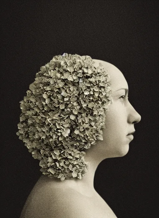Image similar to a woman's face in profile, made of trailing hydrangea, in the style of the dutch masters and gregory crewdson, dark and moody