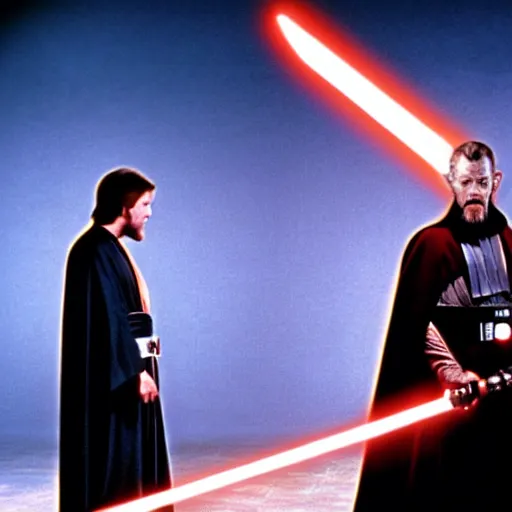 Image similar to a film still of Alec guiness as obiwan kenobi dueling darth maul in star wars 1977. medium shot. light sabers