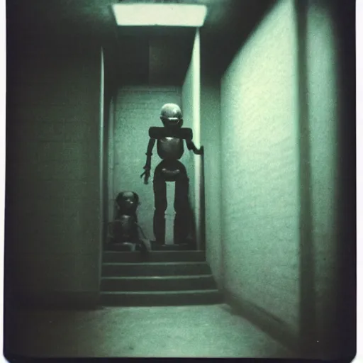 Image similar to a humanoid creature at the bottom of a stairwell, dark!, creepy, nightmare fuel!!!, unsettling, uncanny valley!, old polaroid, expired film,