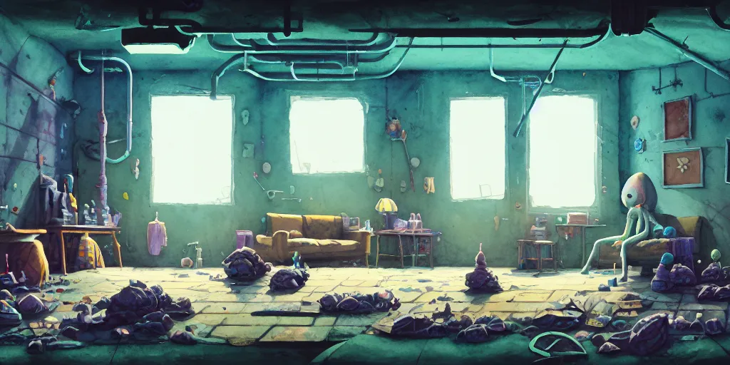 Image similar to room in the sewers, the room is messy and unorganized, bed is not made, sword clothes and posters everywhere, detailed, artstation, 8 k, sci - fi, pastel colors, props, panel, concept, simon stalenhag, in watercolor gouache detailed paintings, moebius, blueprint, building, living room, detailed, posters, sofa