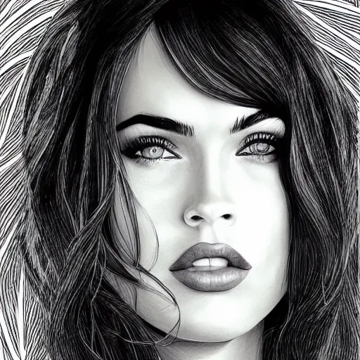 Image similar to “Megan Fox, portrait!!! Portrait based on doodles, scribbled lines, sketch by Liz Y Ahmet, monochrome, concept Art, million lines, white background, ultra detailed portrait, 4k resolution”