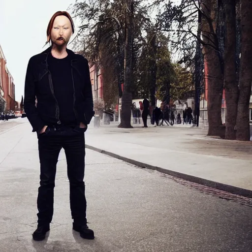 Image similar to thom yorke standing in moscow street, full body, more details, red sky, super realistic,