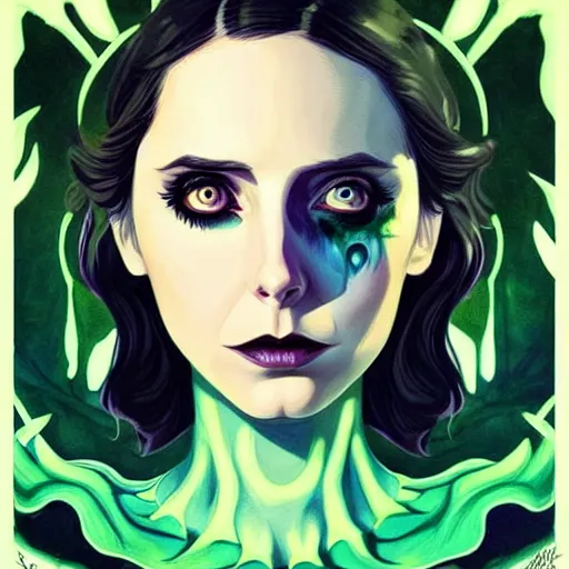 Prompt: in the style of joshua middleton, beautiful alison brie magician, black magic spells, full body green dress, creepy pose, bioshock, spooky, symmetrical face symmetrical eyes, three point lighting, detailed realistic eyes, aquapunk, insanely detailed and intricate elegant, artgerm, underwater home