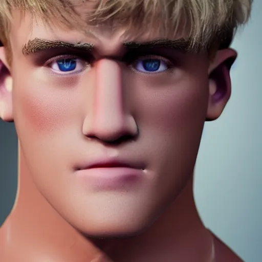 Image similar to a realistic detailed photo of boxer & youtuber jake paul as a humanoid robot, half humanoid, half robot, blank stare, shiny skin