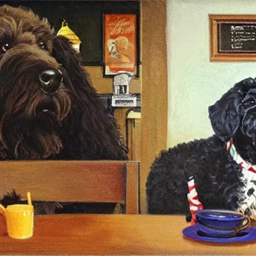 Image similar to Black Goldendoodle with a bright face and a puppy sitting at a diner drinking a cup of coffee, looking melancholy, Norman Rockwell style